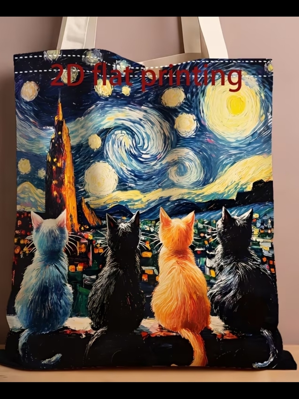 Starry Night Cats Canvas Tote Bag - Multicolor